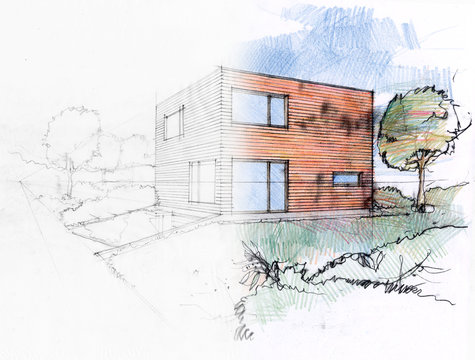 Illustration of a design process by a sketch of a private house