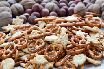 a lot of salty crackers and hazelnuts