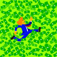 Business man run in money sheet flying