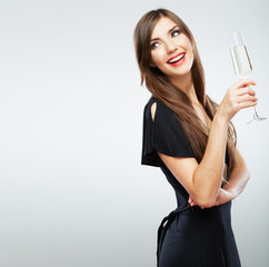 Young celebrating woman black dress . Beautiful model portrait