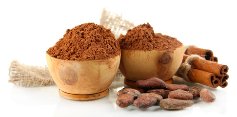 Cocoa powder in wooden bowls and spices, isolated on white