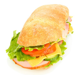 Fresh and tasty sandwich with ham and vegetables isolated