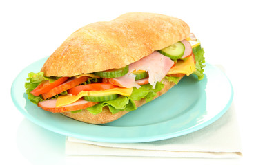 Fresh and tasty sandwich with ham and vegetables isolated