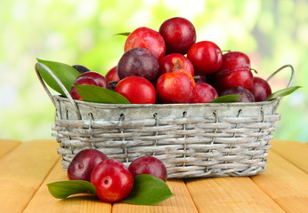 Ripe plums in basket on wooden table on natural background