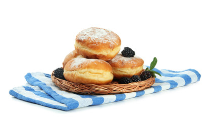 Tasty donuts with berries, isolated on white