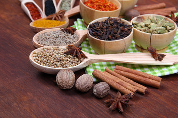 Various spices and herbs on table close up