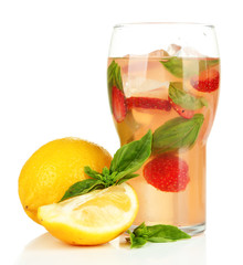 Basil lemonade with strawberry in glass, isolated on white