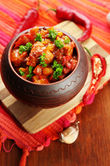 Chili Corn Carne - traditional mexican food, in pot,