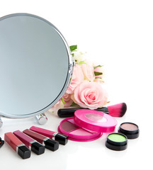 Group decorative cosmetics for makeup and mirror, isolated