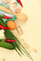 Cooking concept. Groceries on wooden table