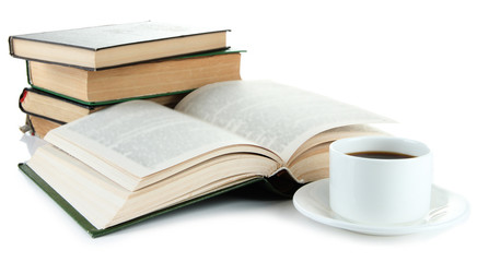 Cup of coffee and books isolated on white