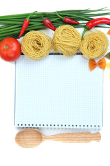 Cooking concept. Groceries with empty cookbook close up