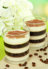 Tasty jelly coffee with milk on table on light background