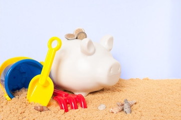 Piggy bank in the sand trying to get filled with Euros