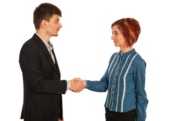 Business woman and man giving hand shake