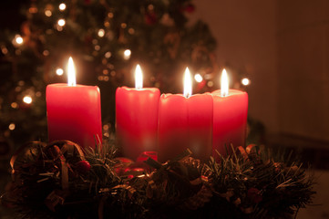 Christmas advent wreath with burning candles