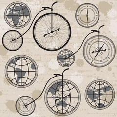Podróżować pojęcie z retro bicyklem, kulą ziemską i kompasem, bezszwowym - 57516526