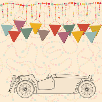 Happy birthday card, invitation, postcard with retro car, serpen