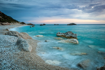 Fototapeta na wymiar Kathisma beach, Lefkada, Greece surprised at twilight.