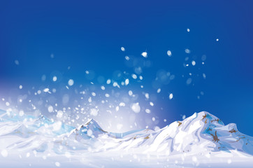 Vector of winter scene, white snow, mountains and blue sky.