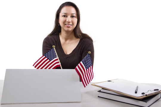 State Or Federal Female Worker With A Blank Sign On Her Desk