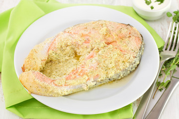 salmon with sauce on white background