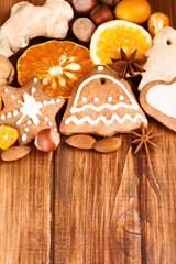 Christmas homemade gingerbread cookies,spice and decoration over