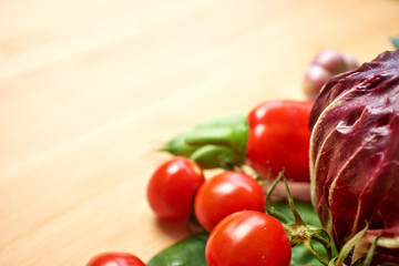 Healthy Organic Vegetables on a Wooden Background. Art Border De