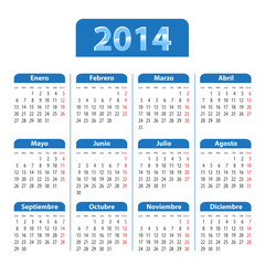 Blue glossy calendar for 2014 year in Spanish