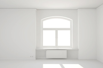 Empty white room with window and heating radiator