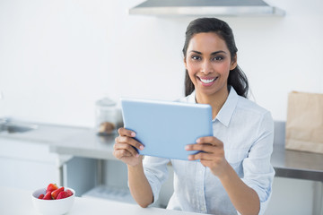 Lovely young woman holding her tablet standing in bright kitchen