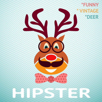 Portrait of funny vintage hipster deer with glasses, mustache an