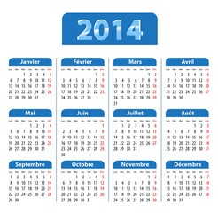 Blue glossy calendar for 2014 year in French