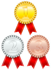 Award Badges Red Ribbon Small Stripe Gold/Silver/Bronze