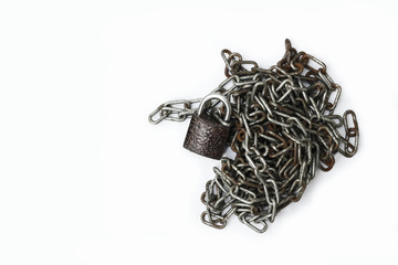 The old chain and padlock on white background