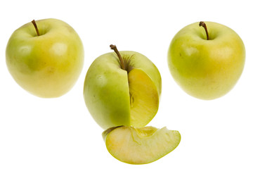 Three green apples on white background