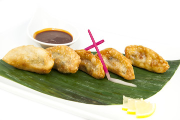 Japanese dumplings with lettuce on white background