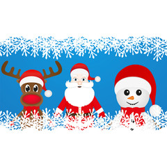 Christmas reindeer, snowman and Santa Claus in a forest