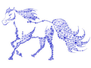 silhouette of a horse in the snowflakes