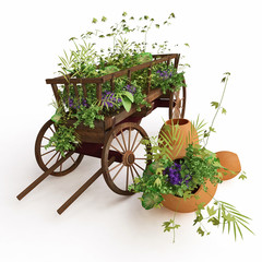 Fototapeta na wymiar Old Wooden Cart Decorated with Plants in 3D