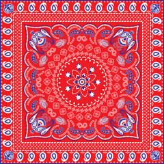 Red, Blue & White Retro Patterned Bandana or Head Scarf