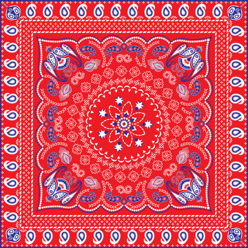 Red, Blue & White Retro Patterned Bandana or Head Scarf
