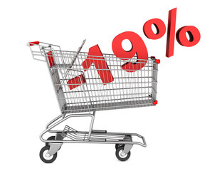shopping cart with 19 percent discount isolated on white backgro