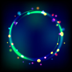 Multicolor glowing circle frame with sparkles.