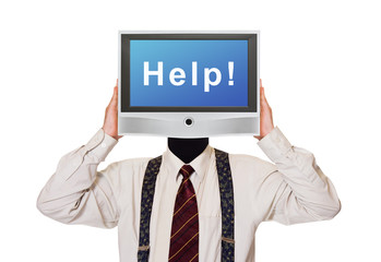 Man with Help tv screen for head