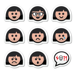Girl or woman faces, avatar vector icons set