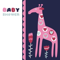 Cute baby shower birthday invitation card with giraffe, vector