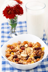 Healthy muesli breakfast with huts and raisin