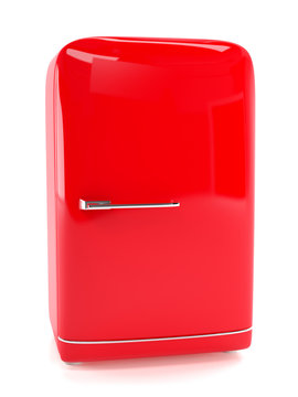Retro red refrigerator isolated on white. Classic fridge