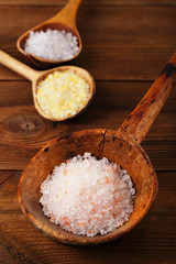 Himalayan Pink Crystal Rock salt in rustic wooden spoon